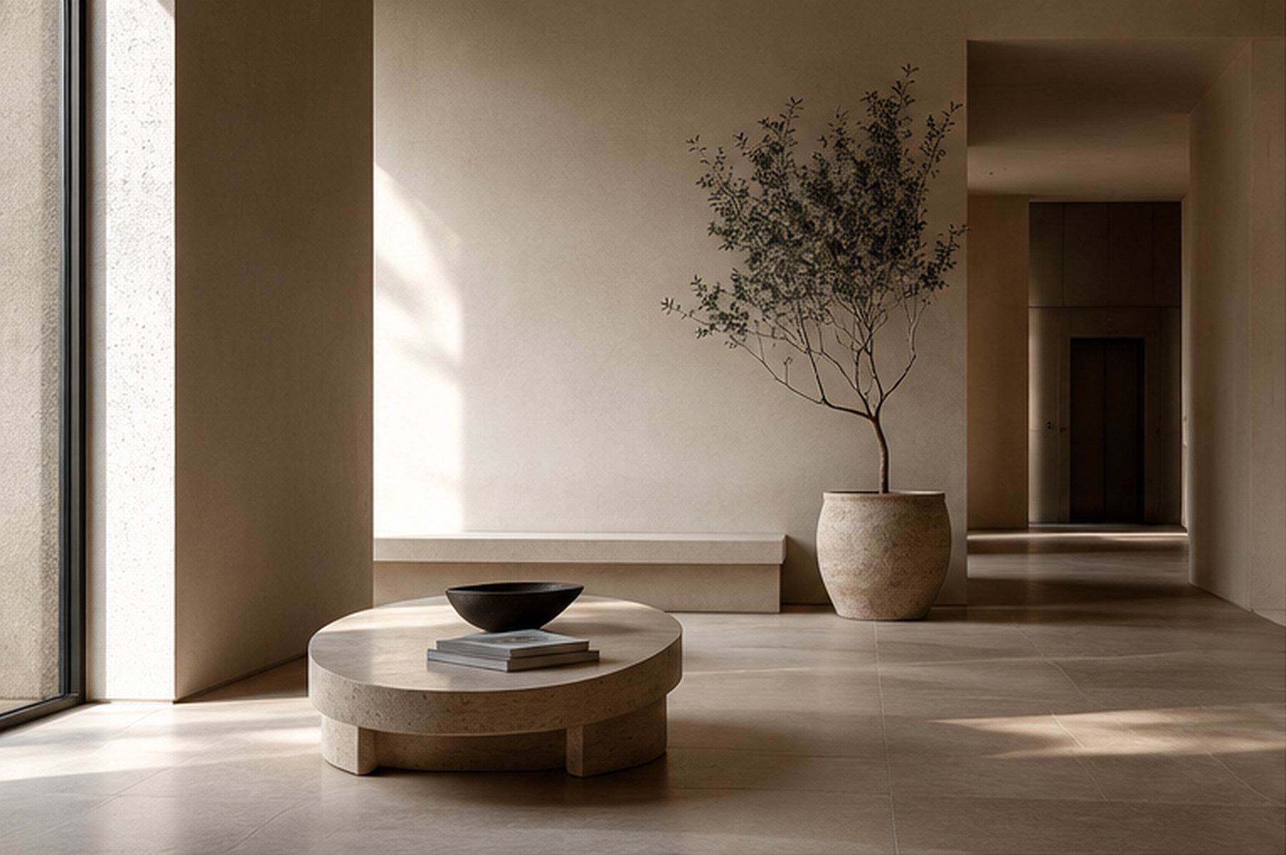 A quiet plastered room with a low stone table, a potted olive tree and daylight from a tall window.