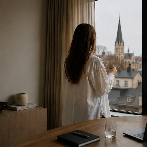 A woman stands at a tall window with a cup, looking out over rooftops.