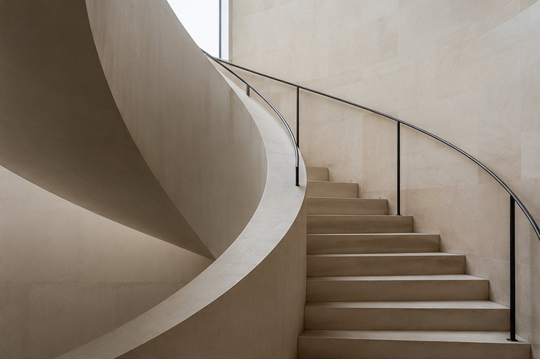 A curved stone staircase with a slender black handrail, beside a pale stone wall.
