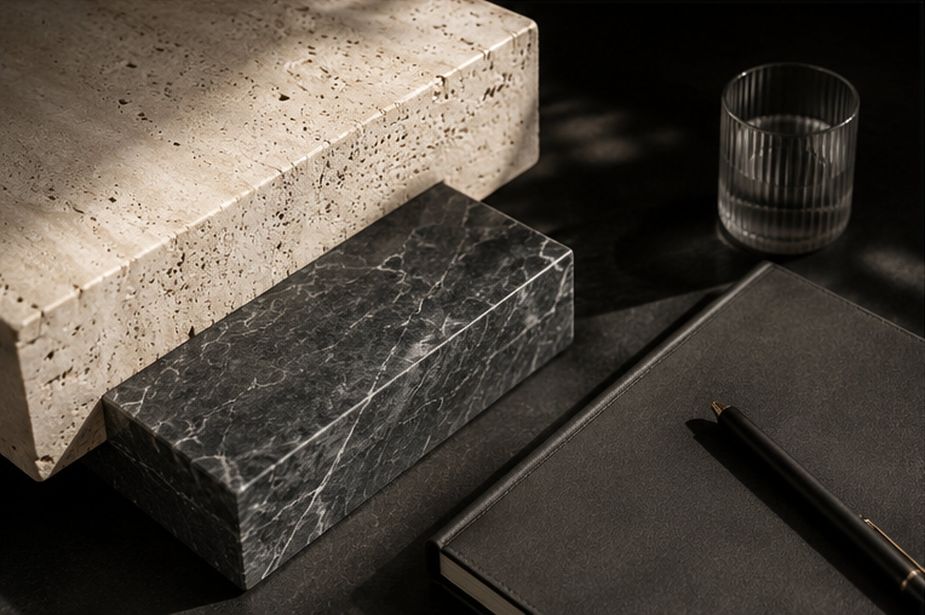 Stone samples, a ribbed glass and a notebook arranged on a dark surface.